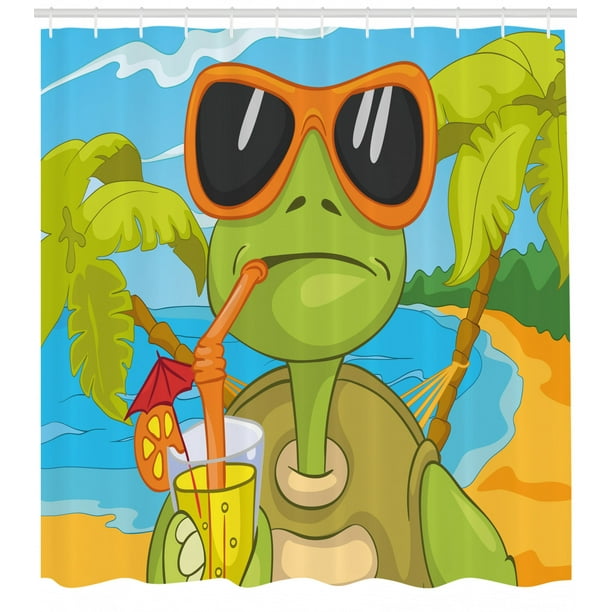 Turtle Shower Curtain, Cool Sea Turtle with Sunglasses Drinking
