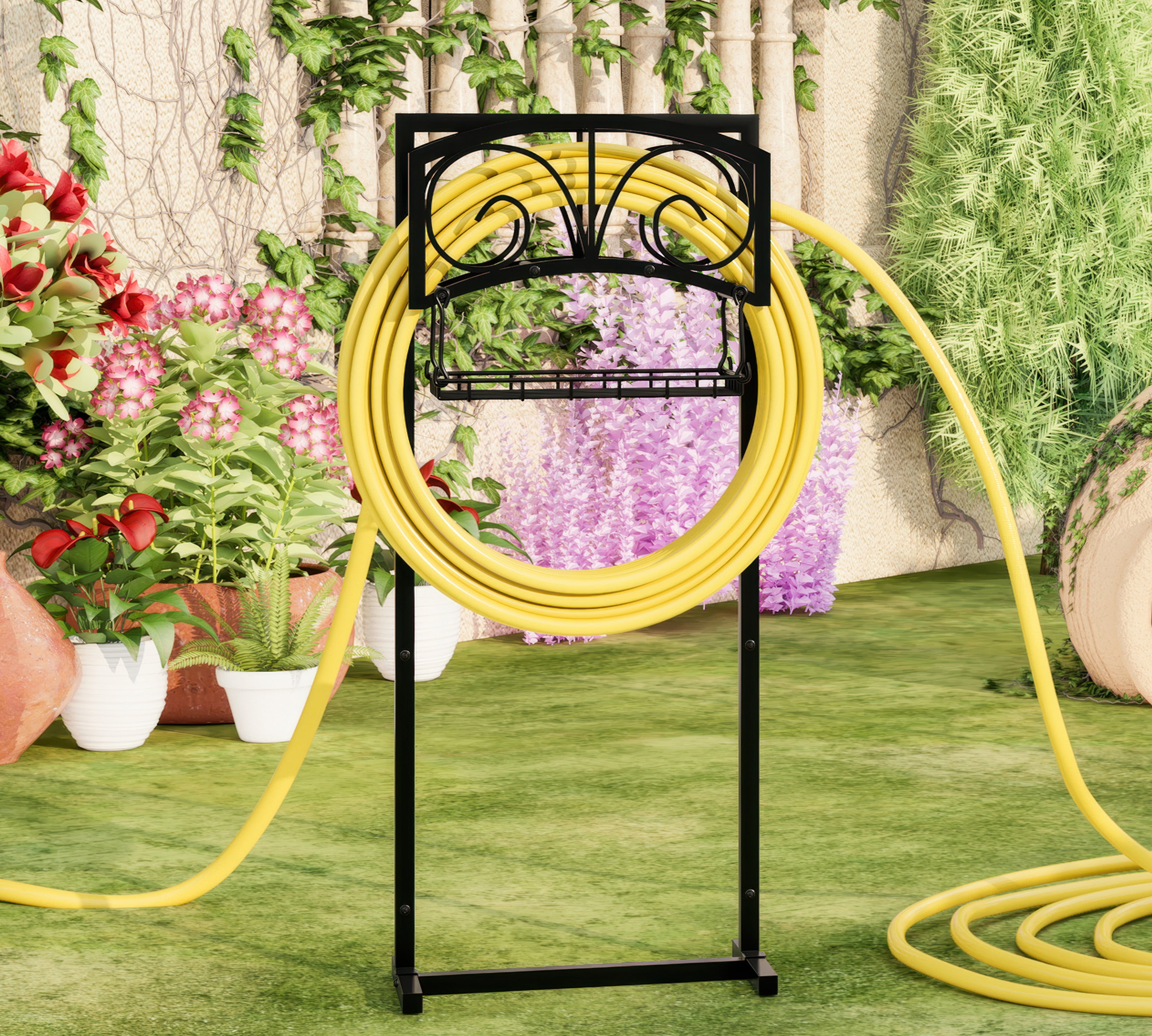Freestanding Heavy Duty Garden Hose Holder with Storage Basket - In-Ground Outdoor Hose Organizer, Detachable Stake & Reel Stand for Lawn, Yard, Patio, Garden - Rustproof Durable Design - Fire Beauty