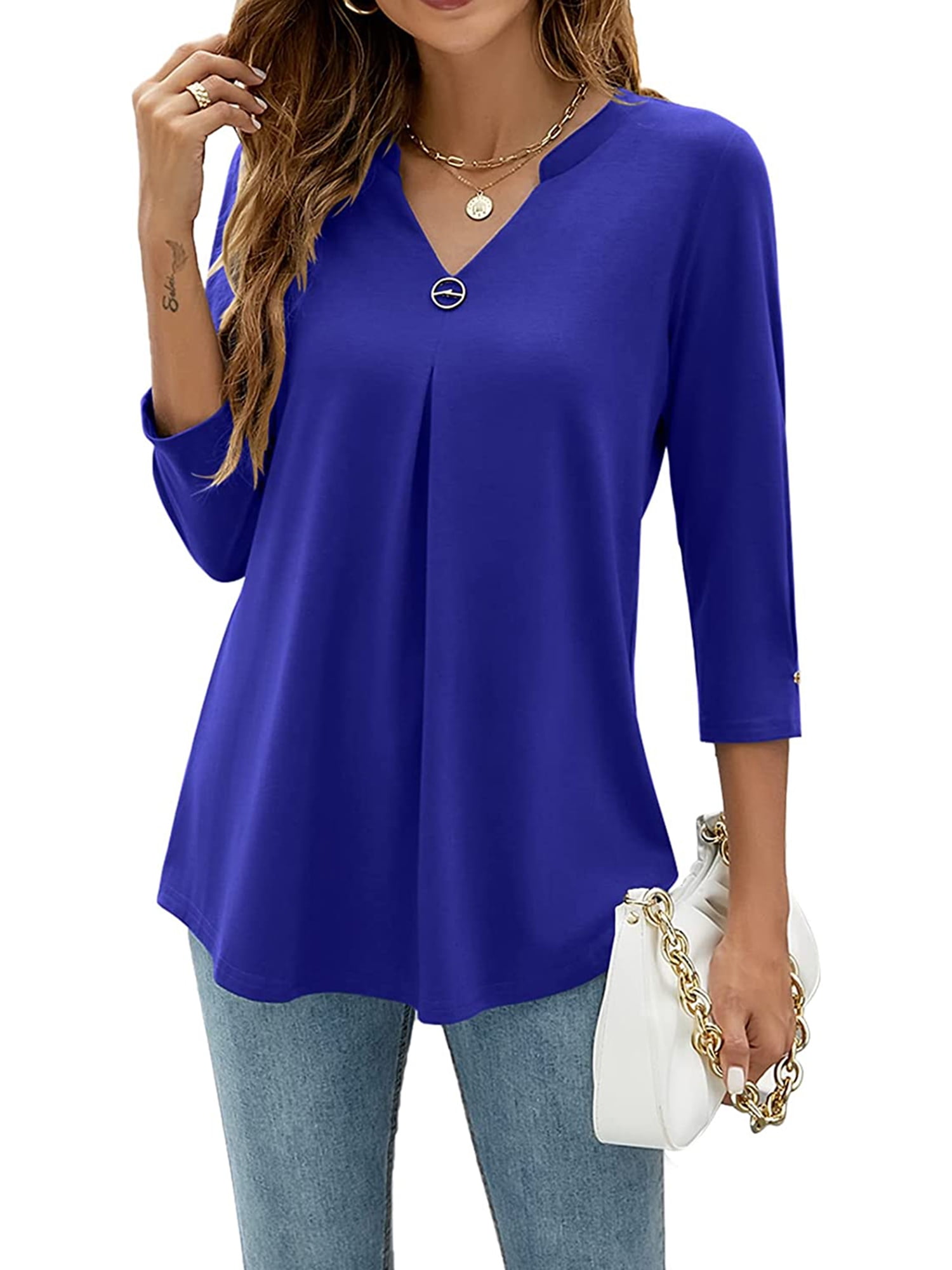 ESASSALY Women 3/4 Sleeve V-Neck Blouses Button-down ShirtsTops Spring ...