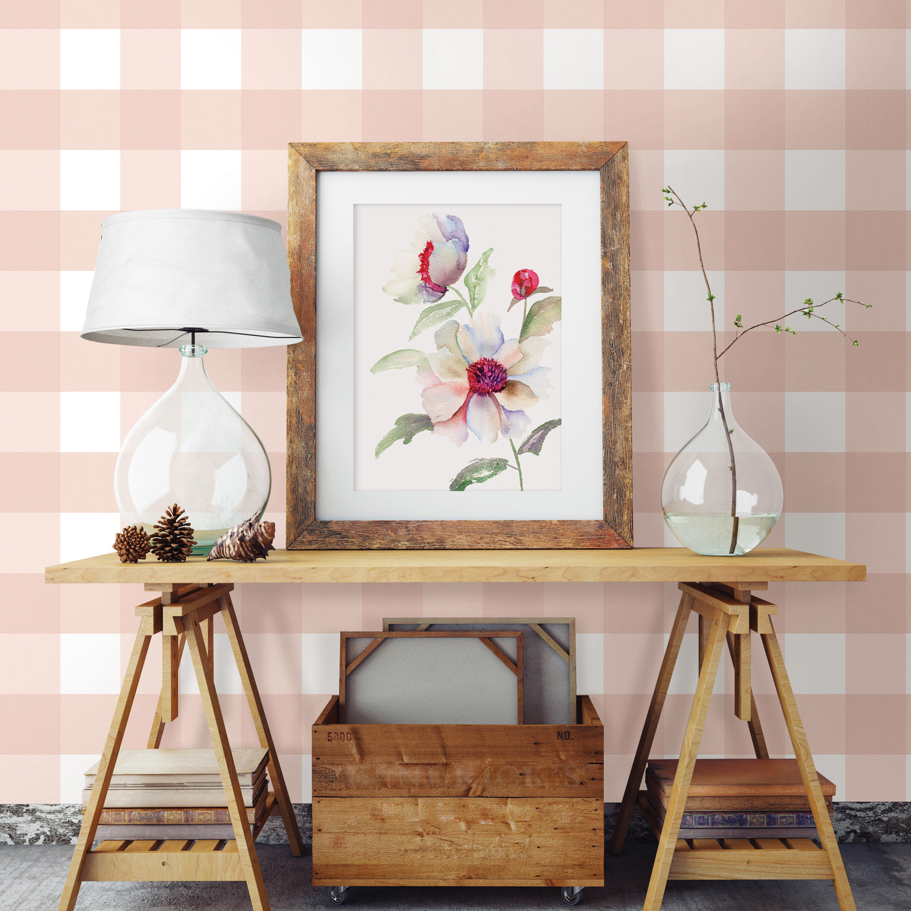 Chesapeake Amos Light Pink Gingham Prepasted High Performance Wallpaper, 20.5-in by 33-ft, 56.4 sq. ft.