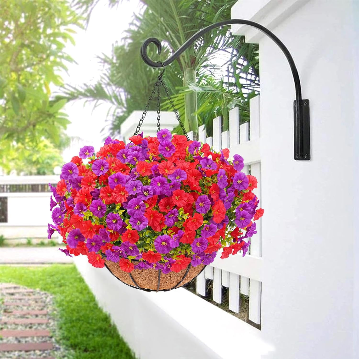Artificial Hanging Flowers for Outdoors, Fake Flowers Artificial Petunias Hanging Baskets for Outdoors, UV Resistant Fake Hanging Plants Flowers for Outside Garden Patio Porch Decor