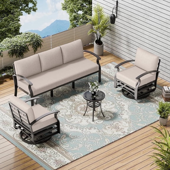 ASJMR 5 Seat Patio Conversation Set Aluminum Outdoor Sofa Furniture Set with Cushions & Glass Top Table For Backyard Poolside,Sand