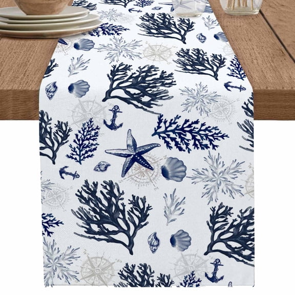 Retro Dark Starfish Coral Shell on White Table Runner-70 Inch Long Ocean Creature Table Runners Linen Burlap Tablerunner for Kitchen Dining Room Holiday Party
