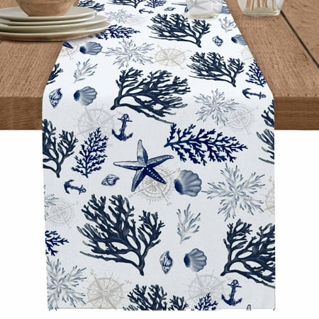 

Retro Dark Starfish Coral Shell on White Table Runner-70 Inch Long Ocean Creature Table Runners Linen Burlap Tablerunner for Kitchen Dining Room Holiday Party