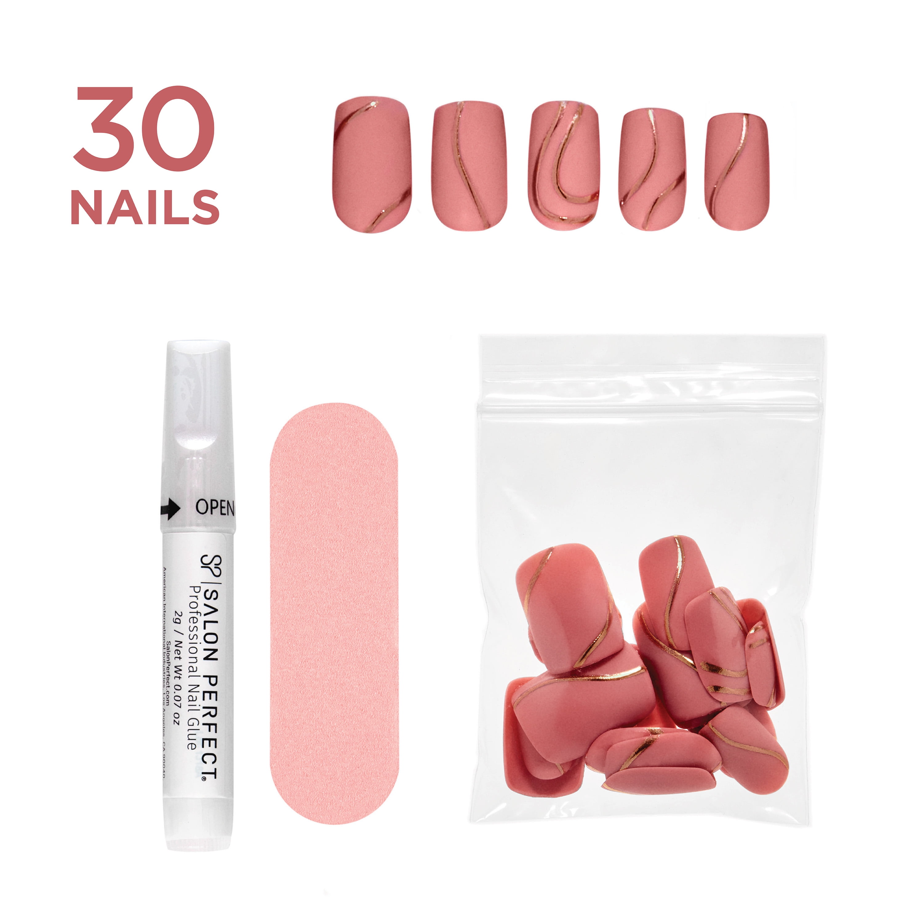 Salon Perfect Artificial Press On Nails, 173 Liquid Gold Rose Gold Lines, Short Square Pink Glue On Fake Nails, File & Nail Glue Included, 30 Nails