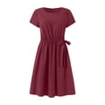 thumbnail image 5 of Ayolanni Dresses for Women Solid Crew Neck Elastic Waist Short Sleeve Midi A-Line Dress Swing Daily Modest Casual Cotton Linen Sundress with Pockets Red XXL, 5 of 8