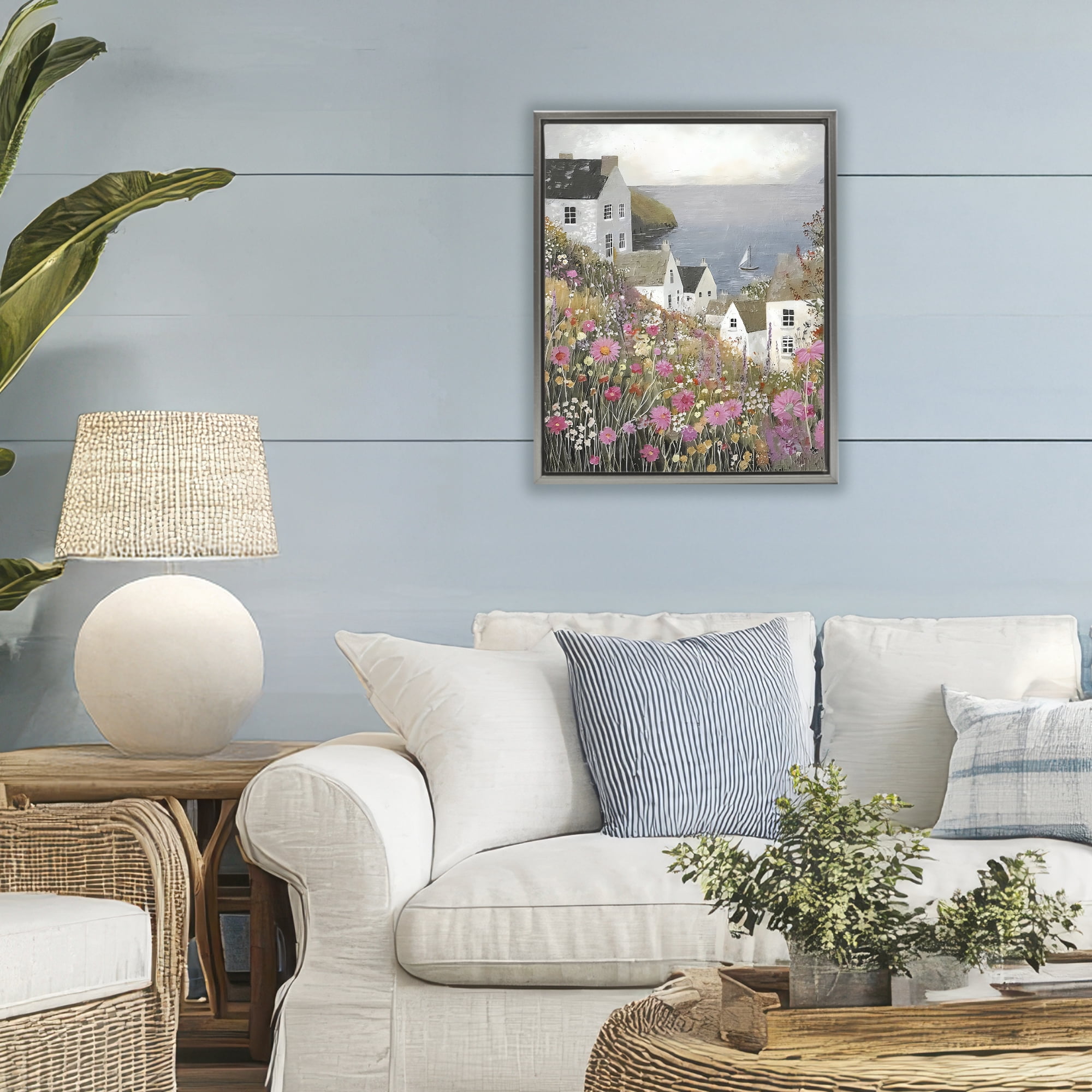 Stupell Industries Picturesque Village over Sea Gray Framed Floater Canvas Wall Art, design by Riley B