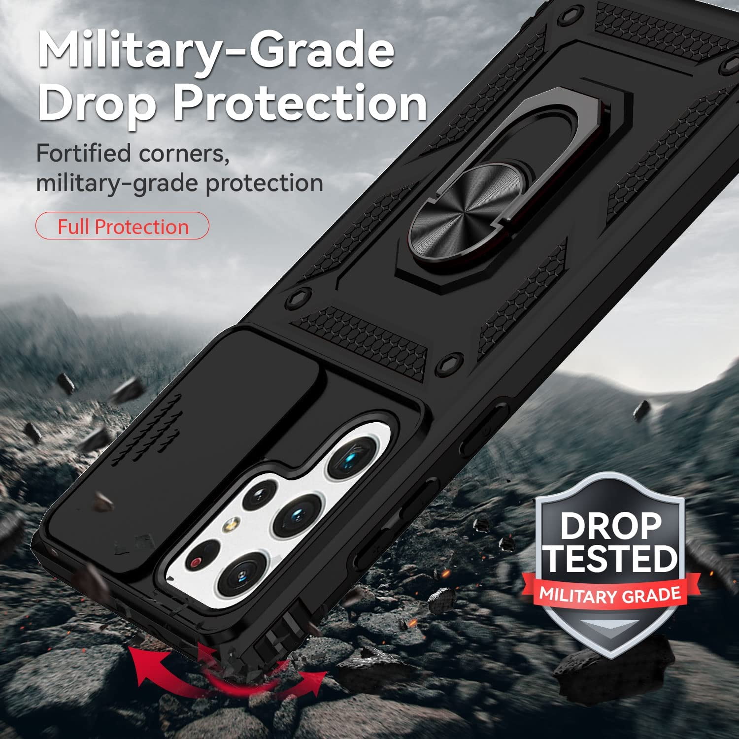 for Samsung Galaxy S22 Ultra Case with Camera Lens Cover HD Screen Protector, Military-Grade Drop Tested Magnetic Ring Holder Kickstand Protective Phone Case for Samsung Galaxy S22 Ultra 5G (Black)