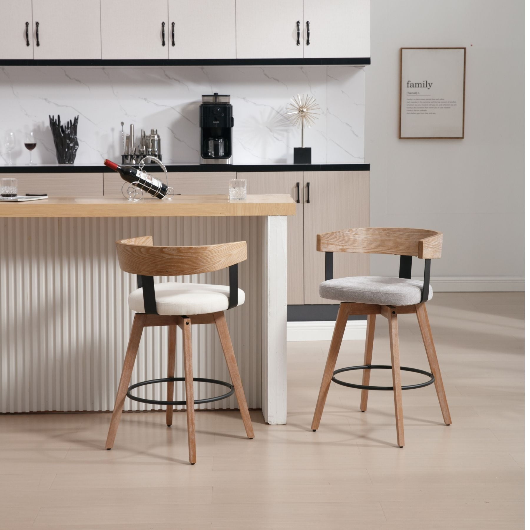 Dayalane Mid Century Modern Bar Stools Set of 1, 26" Swivel Counter Stools with Barrel Back, Linen Upholstered Barstools with Wood Legs for Kitchen Island, Dining Room, Home Bar, Grey