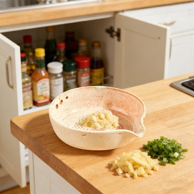 COM1950s Handmade Garlic Grater Bowl for Herbs,Ceramic Kitchen Tool with Integrated Shredder for Grating Garlic and Chopping Herbs,Easy To Clean Multifunctional Prep Bowl