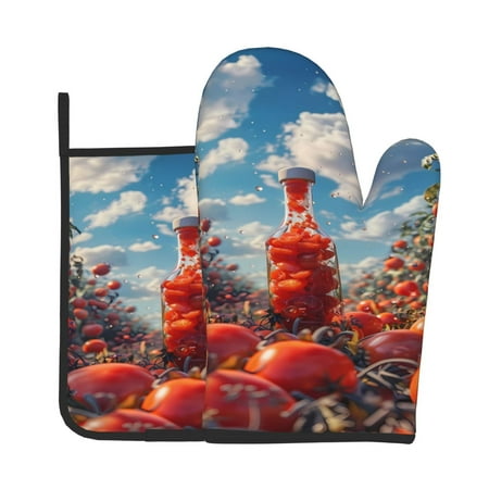 

Zeuib Tomato Field Bottle Print Oven Mitt & Pot Holder Set 2-Pack Kitchen Gloves and Hot Pads for Cooking BBQ Grilling Baking