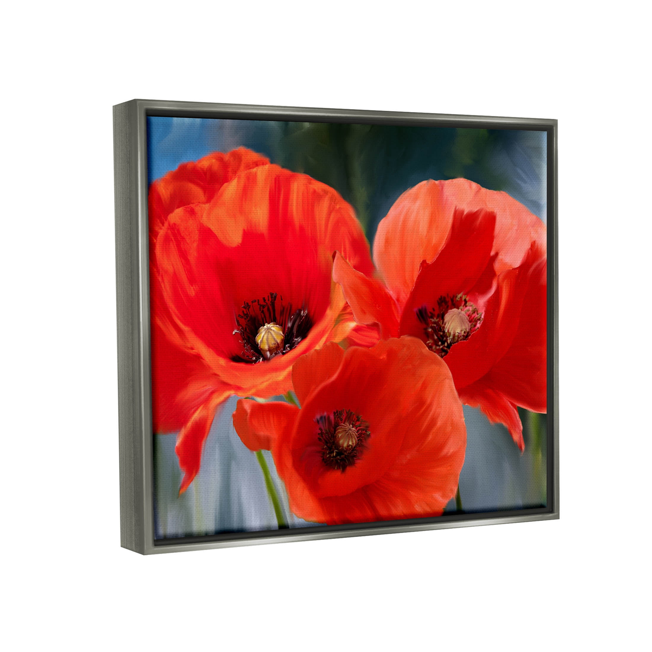 Bold Red Poppy Flower Trio Botanical & Floral Painting Luster Gray Framed Art Print Wall Art