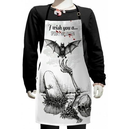 

Halloween Kids Apron Dead Skull Skeleton out of the Grave and Flying Bat Hand Drawn Spooky Picture Boys Girls Apron Bib with Adjustable Ties for Cooking Baking Painting Black White by Ambesonne