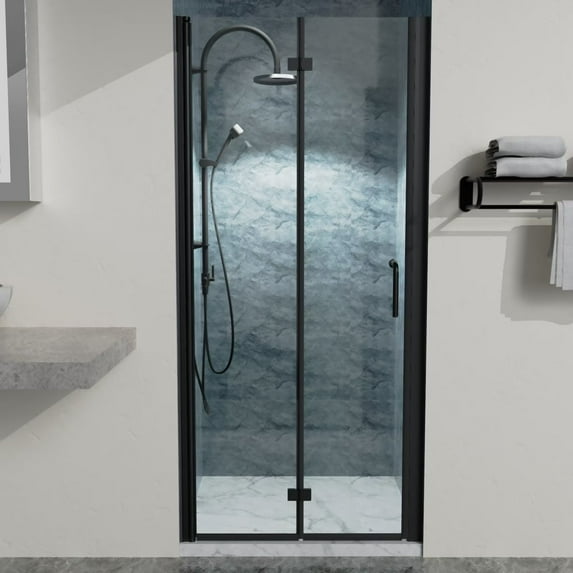 34" x 72" Bifold Glass Shower Door Folding Bathroom Shower Door with Handle Frameless Shower Enclosure for Shower Stall Matte Black