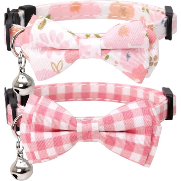 2 Pack Set Cat Collar Breakaway with Cute Bow Tie and Bell Plaid Flower for Kitty Adjustable Safety