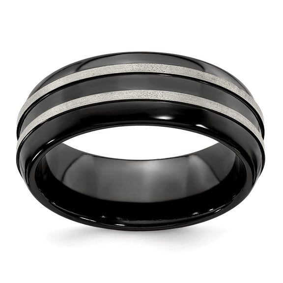Edward Mirell Titanium Brushed/Polished/Grooved Black Titanium 8mm Ring Size: 11; for Adults and Teens; for Women and Men