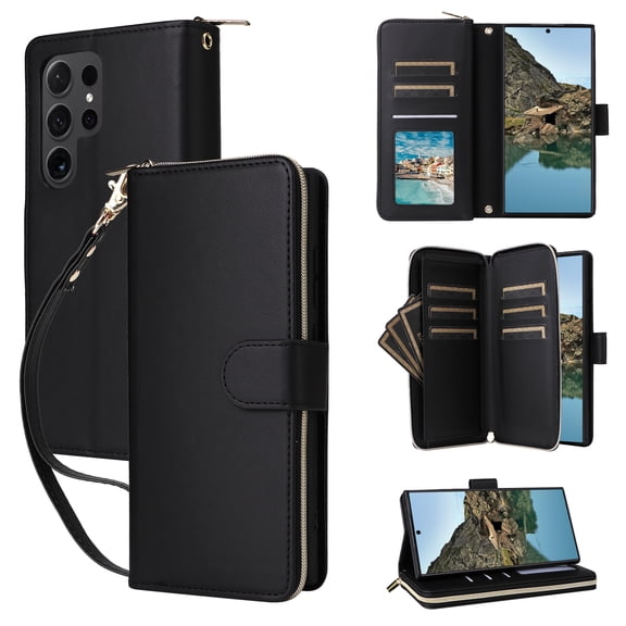 Wallet Case for Samsung Galaxy S23 Ultra, PU Leather TPU Protective Rugged Cover with Card Slots Cash Slot Zipper Pocket Magnetic Closure Kickstand Wrist Strap & Adjustable Shoulder Strap, Black