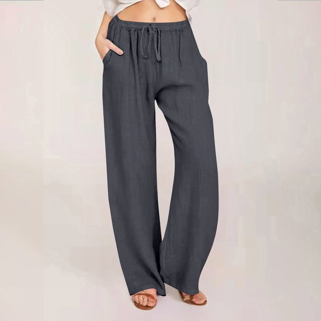 Karight Linen Pants Women Summer Wide Leg Pants Drawstring Elastic Waist Pants High Waisted Lounge Pants Casual Beach Trousers