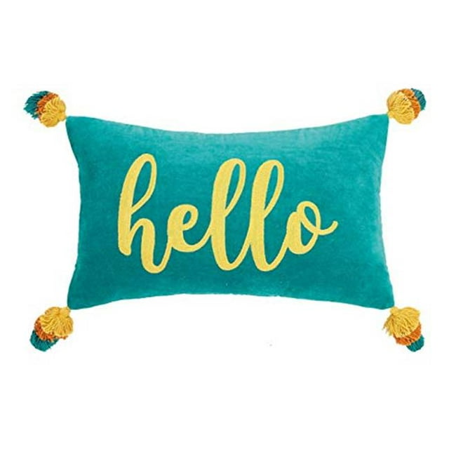 Peking Handicraft 24JES718C20OB 12 x 20 Po Hello Pompons Oreiller Brodé&44; Sarcelle