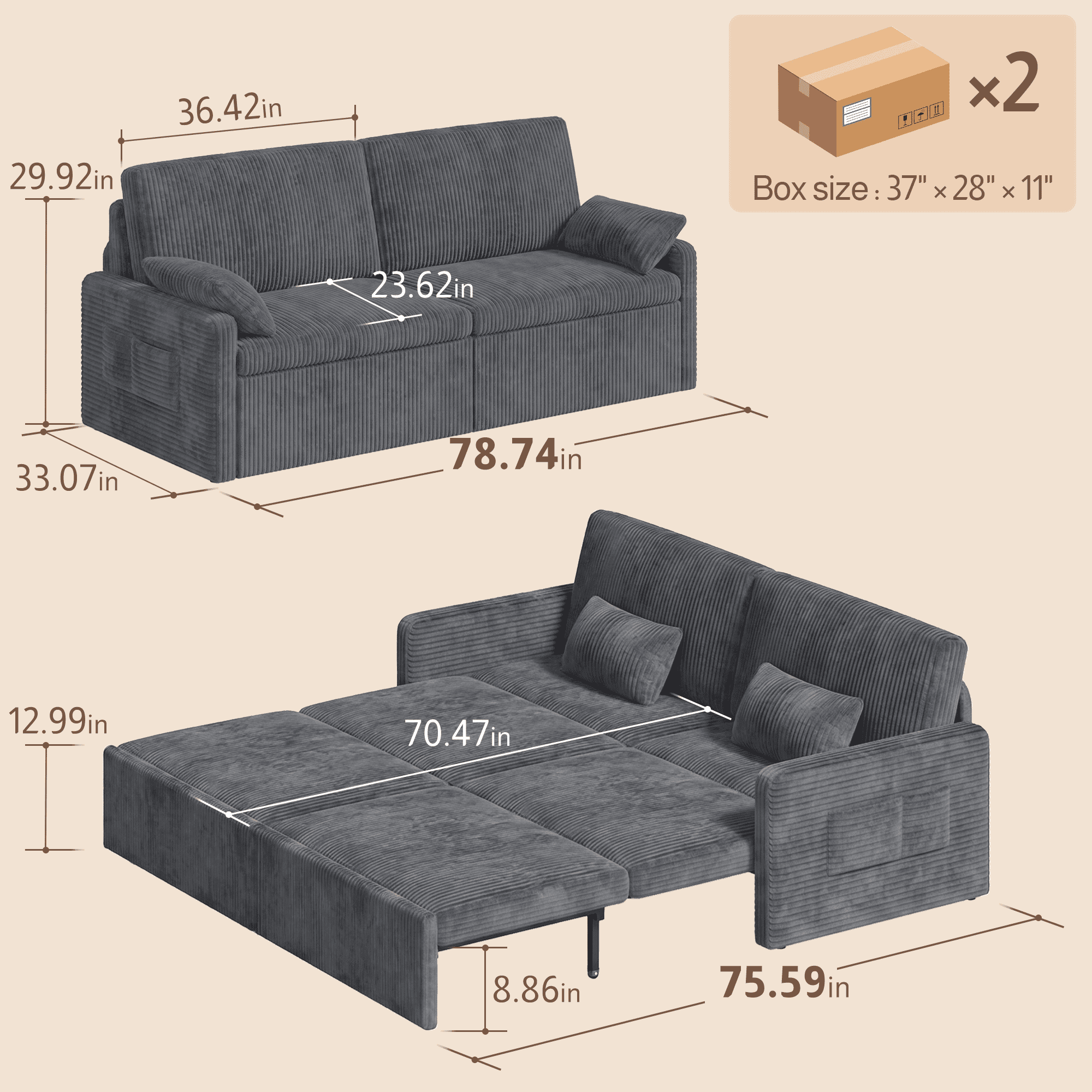78"W 6 in 1 Convertible  Sofa Bed, Lofka Big Corduroy Sleeper Pull Out Couch with 23.6" Extra Deep Seat, 600 lbs Heavy Duty Metal Frame, Dark Gray