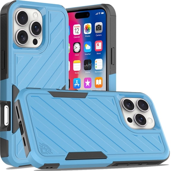 TJS for iPhone 16 Pro Phone Case, [Military Grade] Noble Lined Shockproof Dual Layer Hybrid Protective Cover (Sky Blue/Black)