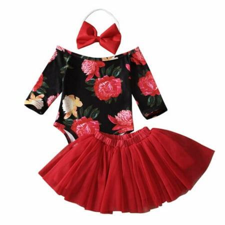 

Nokiwiqis Baby Girls 3PCS Long Sleeve Floral Romper TuTu Skirt Bow Hair Band