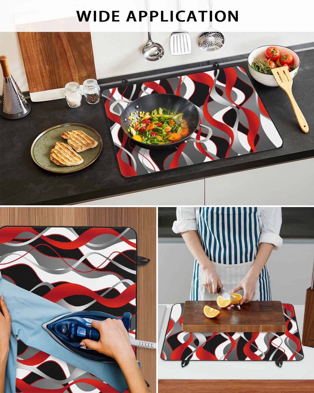 nqOlkjepod Large Induction Cooktop Protector Mat 36"x21", Red Stripe Stove Top Covers for Electric Stove, Grey Moire Ombre Geometric Modern Abstract Stove Burner Cover Mats, Glass Top Stove Cover