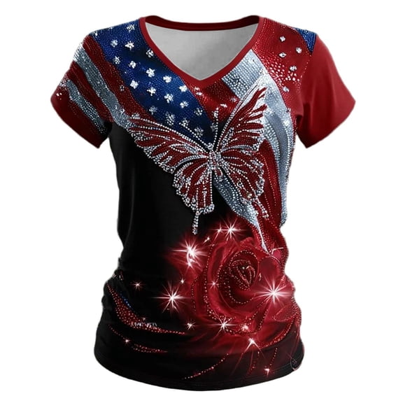 SCSAlgin American Flag Short Sleeve T-Shirt USA Star Stripes Casual Ring Hole V Neck 4th of July Patriotic Tees Tops