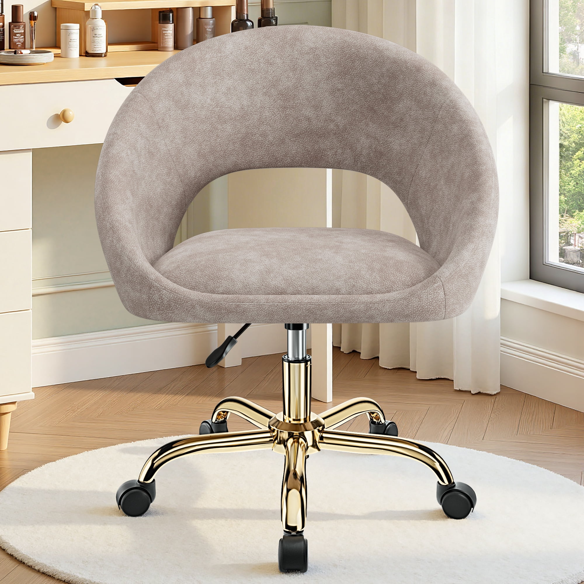 COOLHUT Home Office Desk Chairs, Adjustable Swivel Vanity Chair, Modern Makeup Vanity Chairs, Rolling Vanity Chair with Golden Base for Bedroom, Living Room, Computer Room, Khaki
