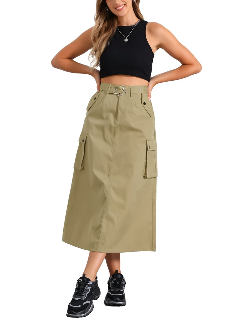 INSPIRE CHIC Women's Cargo Skirt Zip Midi Length with Pockets High