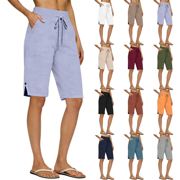 Womens Bermuda Shorts Drawstring Waist Athletic Loose Casual Running Comfy Summer Shorts with Pockets by Yigetop Beige L