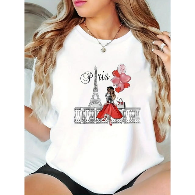 Women's Casual Fashion T-Shirt with Paris Eiffel Tower and Heart Balloons Print, Polyester Knit Fabric, Round Neck, Short Sleeve, Comfortable Summer Top