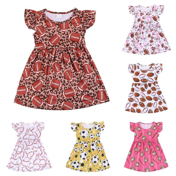 Rggeeun Toddler Girls Dresses Cartoon Baseball Graphics Fly Sleeve Crew Neck A Line with Waist Draping Ruffle Knee Length for Summer Outdoor Casual Playwear,Brown,2-3 Years
