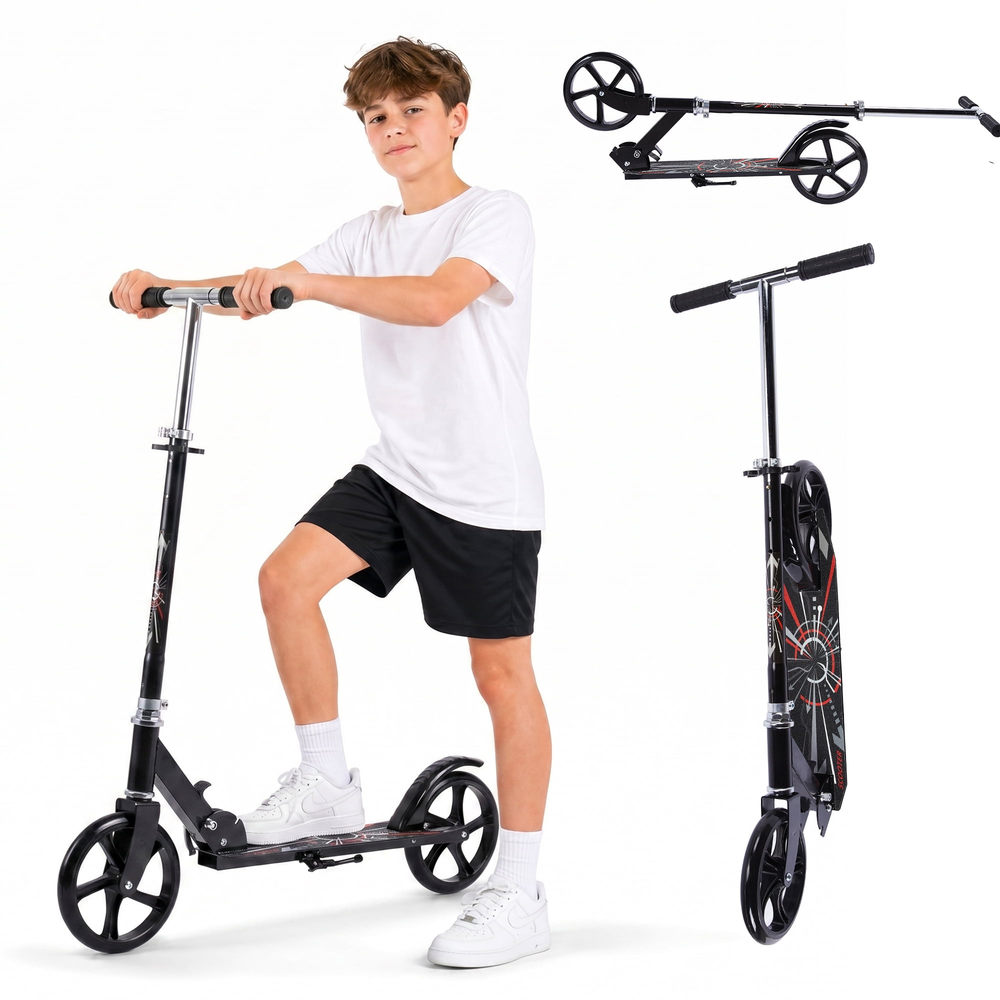 Redsmile Kick Scooter with 3 Adjustable Levels,Folding Commuter Scooter 8 Inch Big Wheels for Teens & Adults,Black