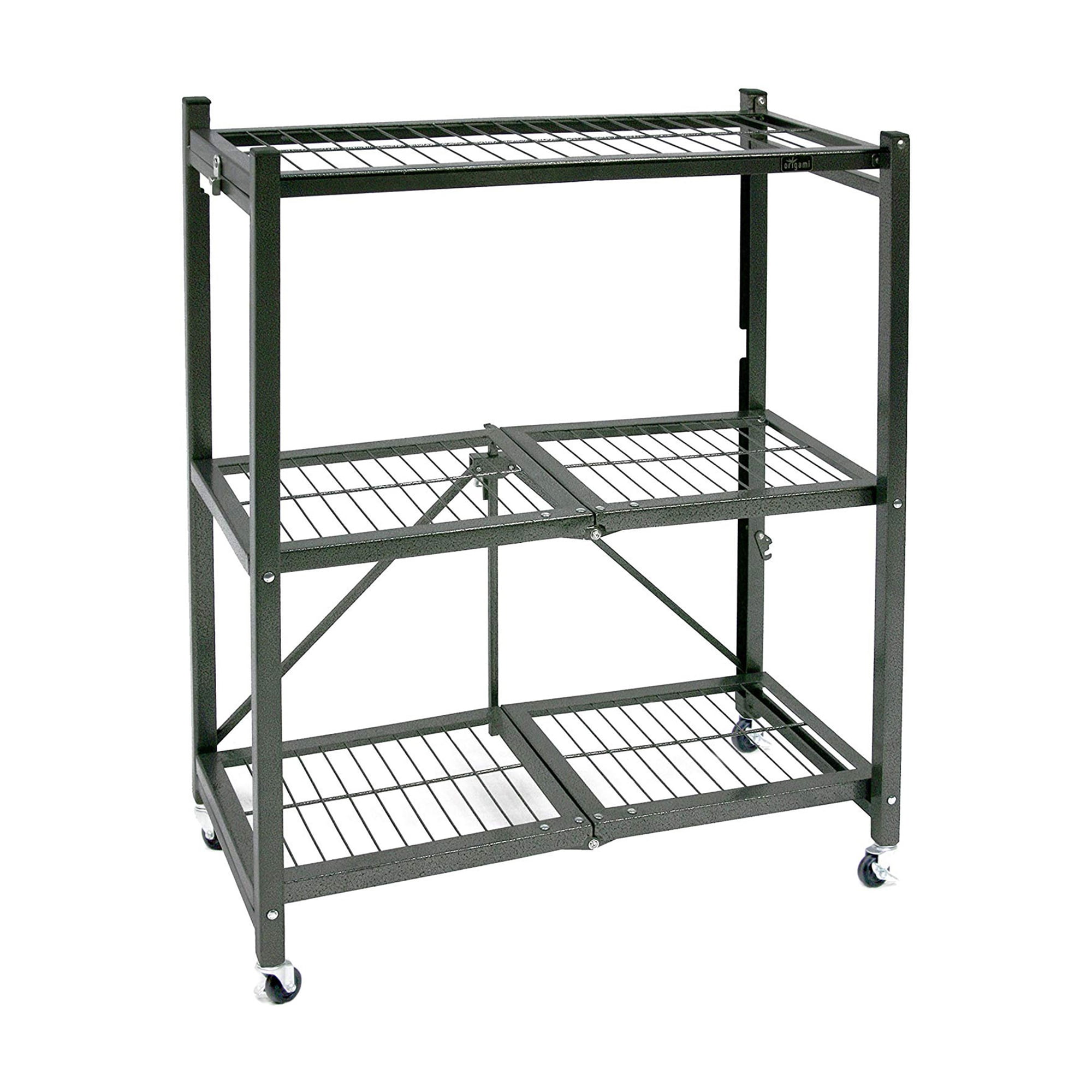 Origami R3 Foldable 3-Tiered Shelf Storage Rack & Wheels, Pewter (4 Pack)