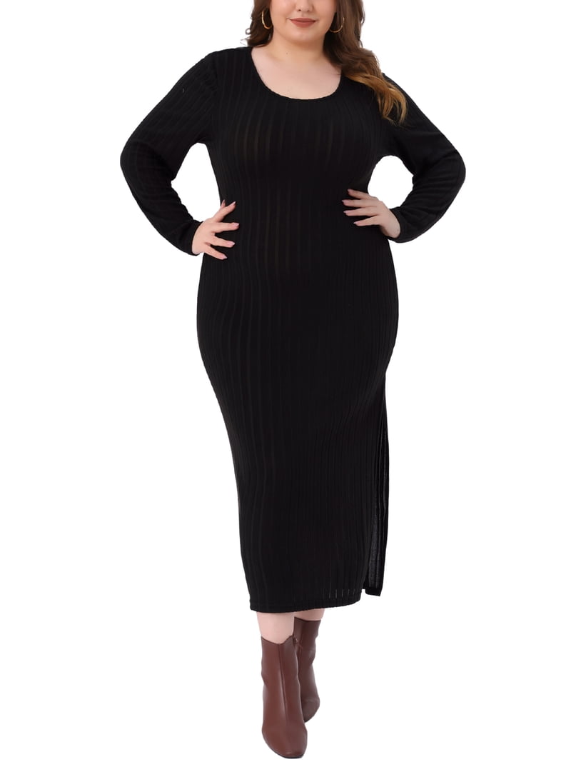 Agnes Orinda Women's Plus Size Dresses Ribbed Knit Side Slit Crew Neck Long  Sleeve Casual Slim Fit Bodycon Maxi Dress 2X Black - Walmart.com