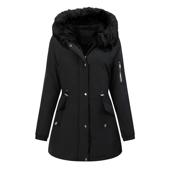 Women Long Winter Coat Thicken Fleece Lined Parka with Detachable Faux Fur Hood Warm Snap Button Zipper Puffer