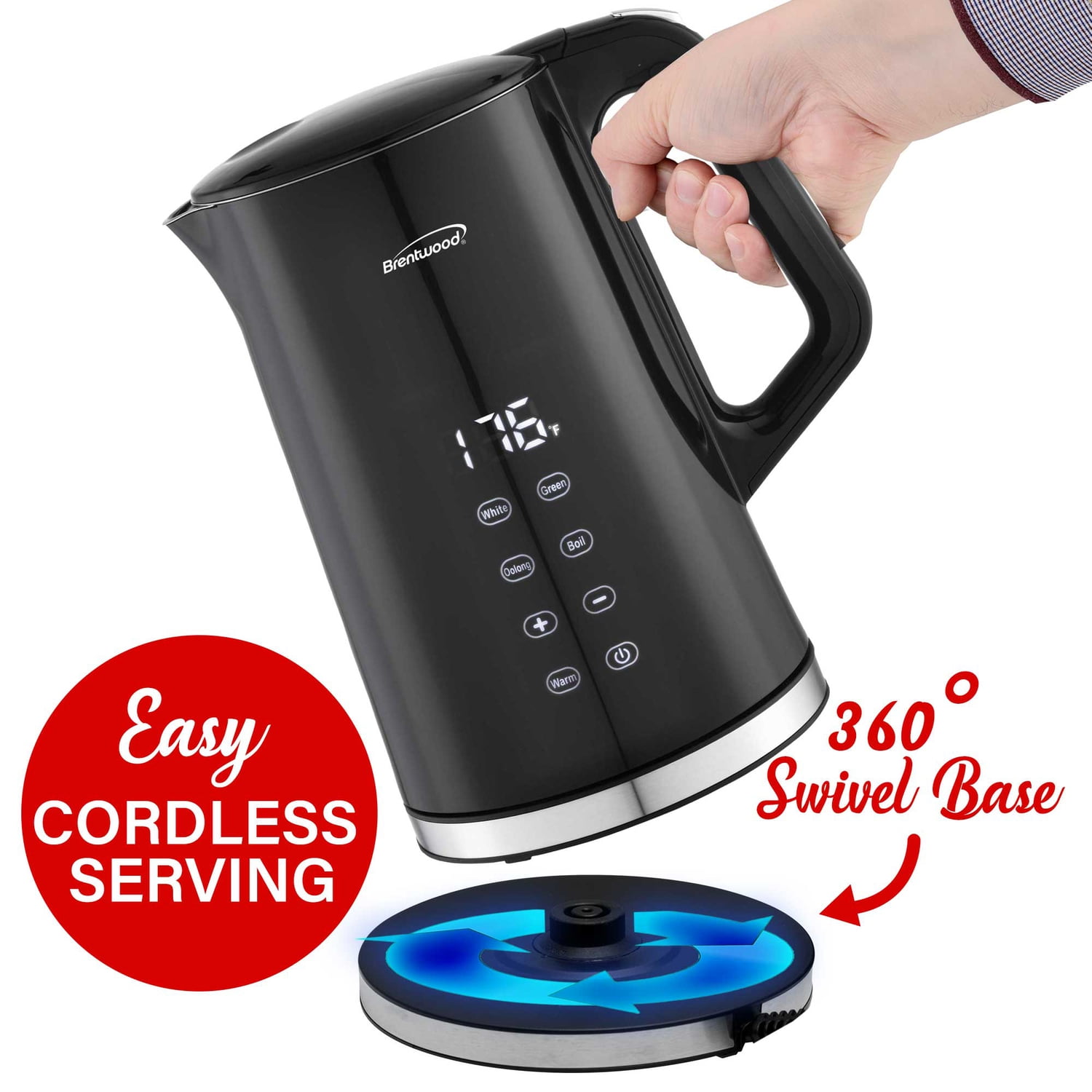 Brentwood 1,100-Watt 1.7-L Cordless Cool-Touch Digital Electric Kettle with Stainless Steel Interior, BTWKT2015DBK, KT-2015DBK
