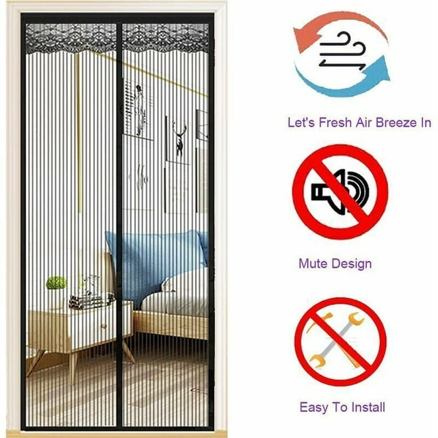 Magnetic Door Screen 140x220cm, Ultra-Fine Mesh, No Drilling, Black, Compatible with All Doors