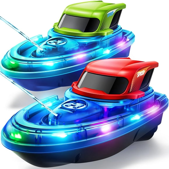 SYMA RC Boats 2 Pack for Kids 8-12, Remote Control Boat for Pool with LED Lights, 40 Mins Playtime (2 Batteries) & One-Key Water Spray, Summer Gifts