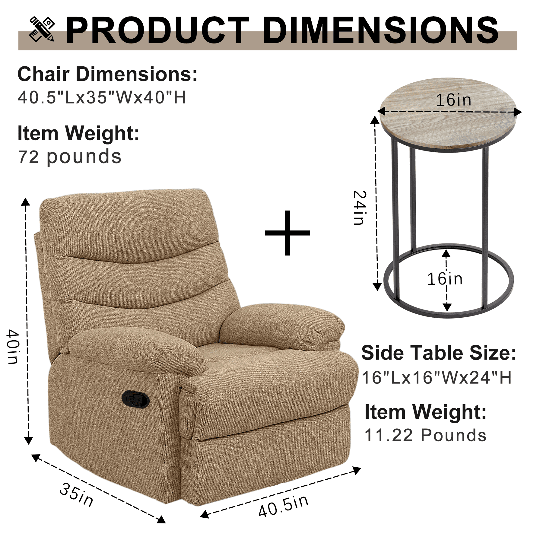 Nathaniel Home, 2pcs Accent Chair Sets, Recliner Chair with Side Table, Mocha Brown Single Manual Reclining Sofa, Snack C-Shaped Table, Round End Tables