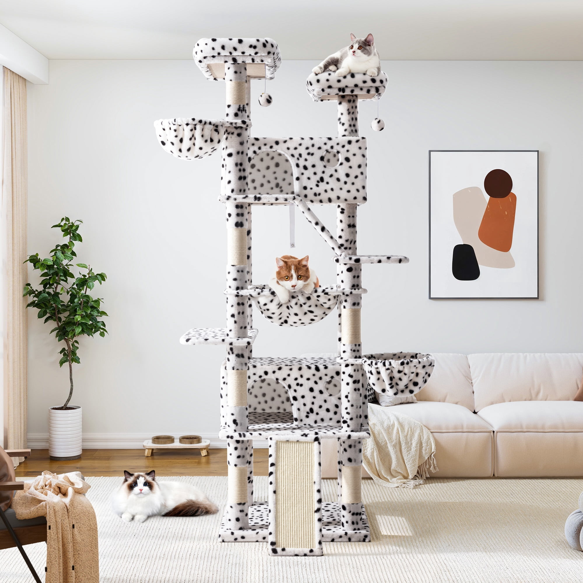 Allewie 81 Inches Multi-Level Tall Cat Tree for Large Cat, Cat Climbing Tree with Cat Condo and Hammock, Scratching Post, Wide Base, White/Black Spot