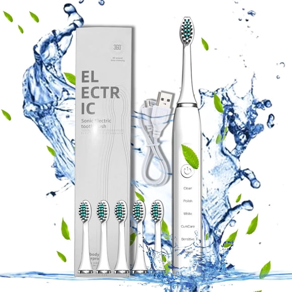 Cepillo de dientes eléctrico con 6 cabezales de cepillo y 5 modos - 45000/min, temporizador inteligente de 20 segundos, impermeable IPX7, recargable USB, batería de 180 días