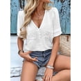 thumbnail image 2 of Summer Tops for Women Short Sleeve V Neck Loose Casual Tee Shirt Solid Color Pleated Dressy Going Out Tunic Tops White L, 2 of 8