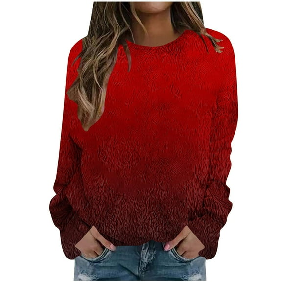 Women's Printed Round Neck Long Sleeve Pullover Off Shoulder Top Warm Faux Fur Casual Wear