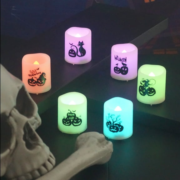 Qidol Battery Operated Halloween Flameless RGB Flickering Votive Candles, Spooky Bright Electric Led Tealight Tea Lights for Pumpkin Party Holiday Celebration Home Decorations 6 Pack