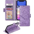 thumbnail image 1 of Petocase for iPhone 11 Wallet Case,Durable PU Leather Magnetic Folio Flip Stand Wristlet Strap Card Holder Shockproof Protective Phone Cases forfor Women Men,Embossed Purple, 1 of 7
