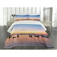 thumbnail image 3 of Ambesonne Fishing Quilted Bedspread Set 3 Pcs, Sunset on Sea Ships, Queen Size, Blue Yellow Coral, 3 of 5