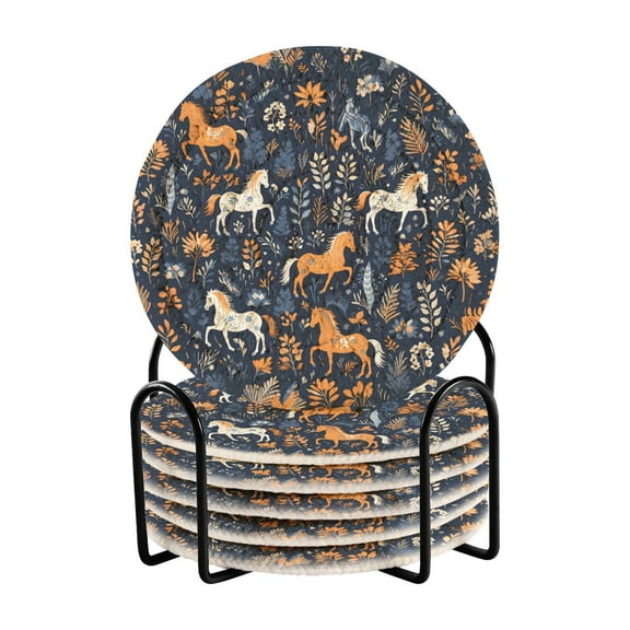 Full Horses Leaves 6 Pcs Drink Coasters with Holder Absorbent Coasters Woven Coasters for Drinks Table Desk Protection Home Decor