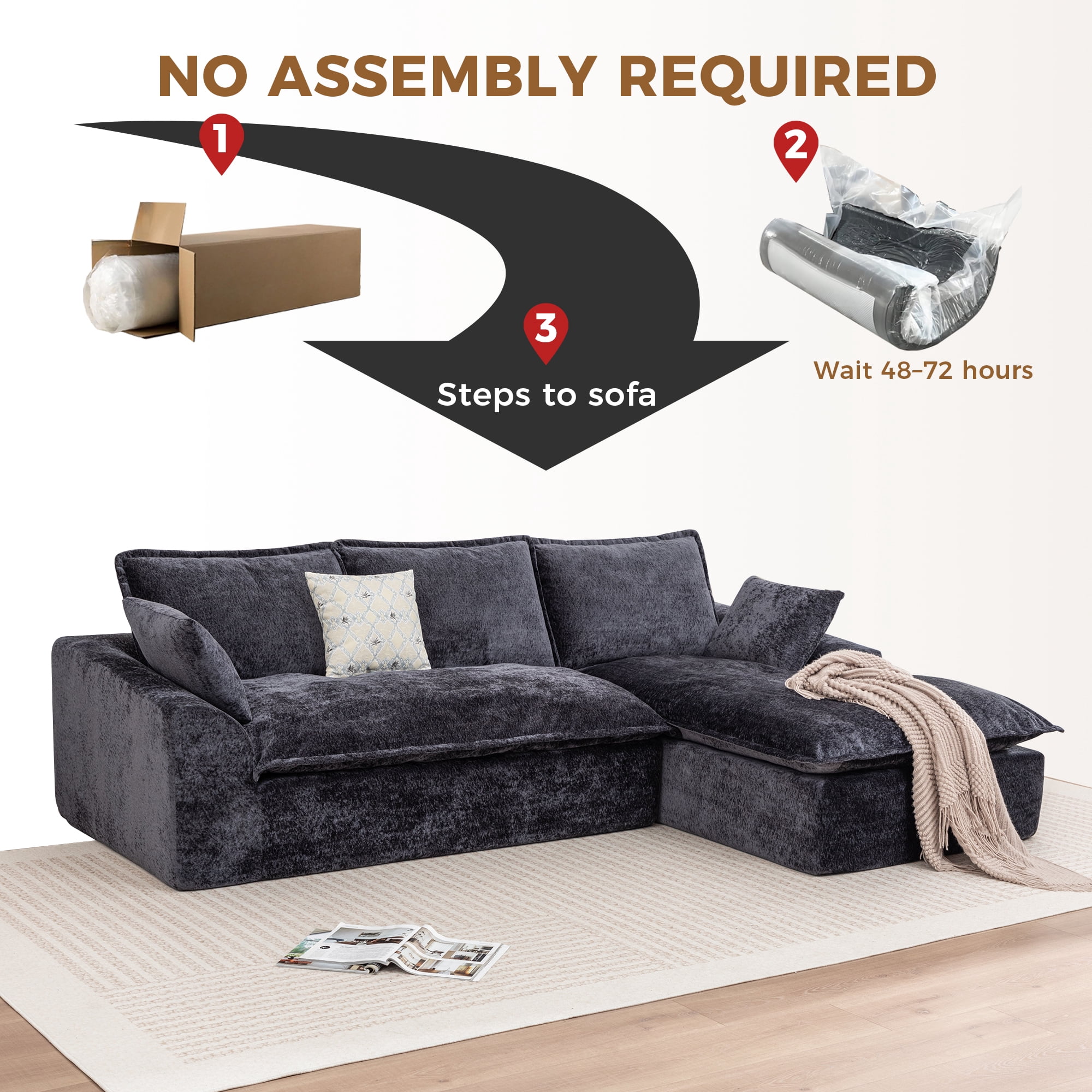LEHZROAJ 103" Chenille Compressed Sofa,L Shaped Sectional Couch Pillows No Assembly Required for Living Room(Black,Right)